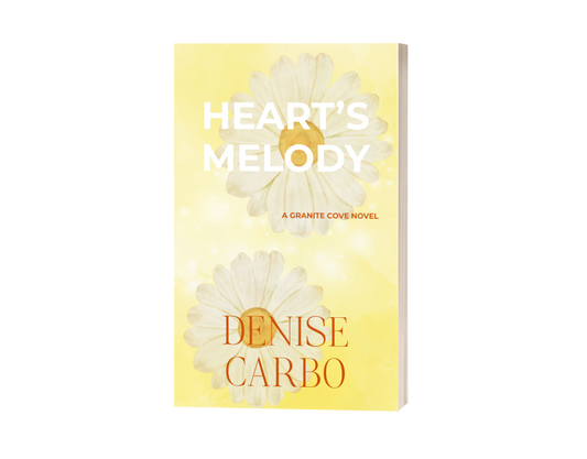 Book cover of 'Heart's Melody' by Denise Carbo with white flowers on a yellow background