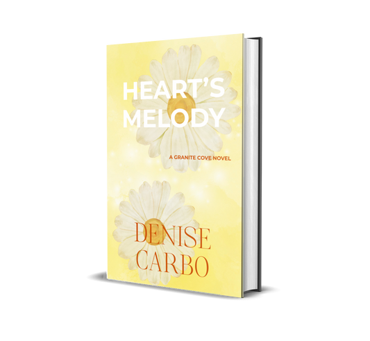 Book cover of 'Heart's Melody' by Denise Carbo with white flowers on a yellow background