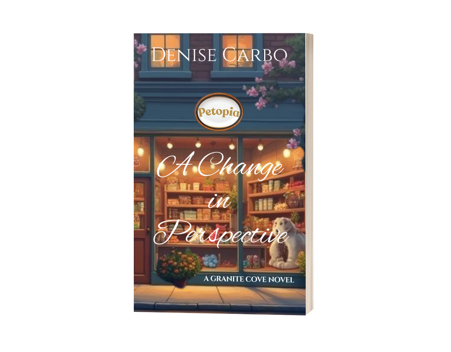 Book cover of 'A Change in Perspective' by Denise Carbo with a store front illustration.