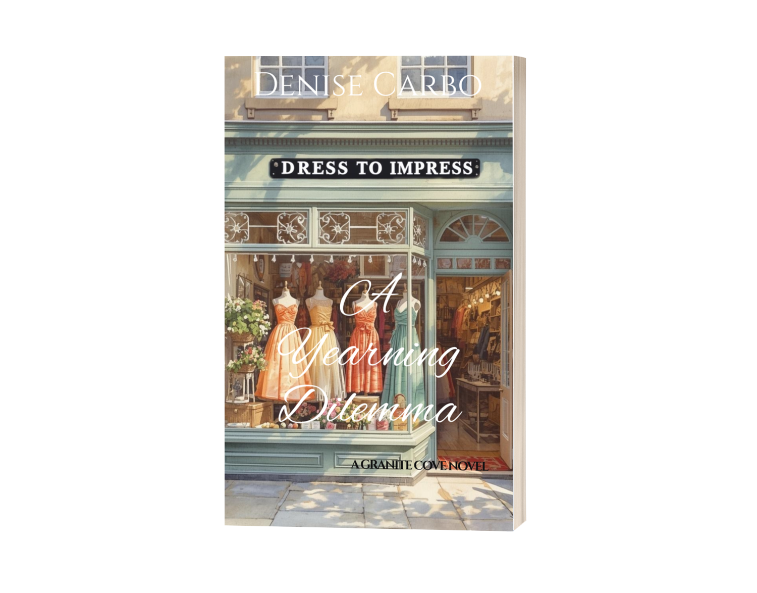 Book cover with a store window display and text 'Dress to Impress: A Yearning Dilemma' on a white background