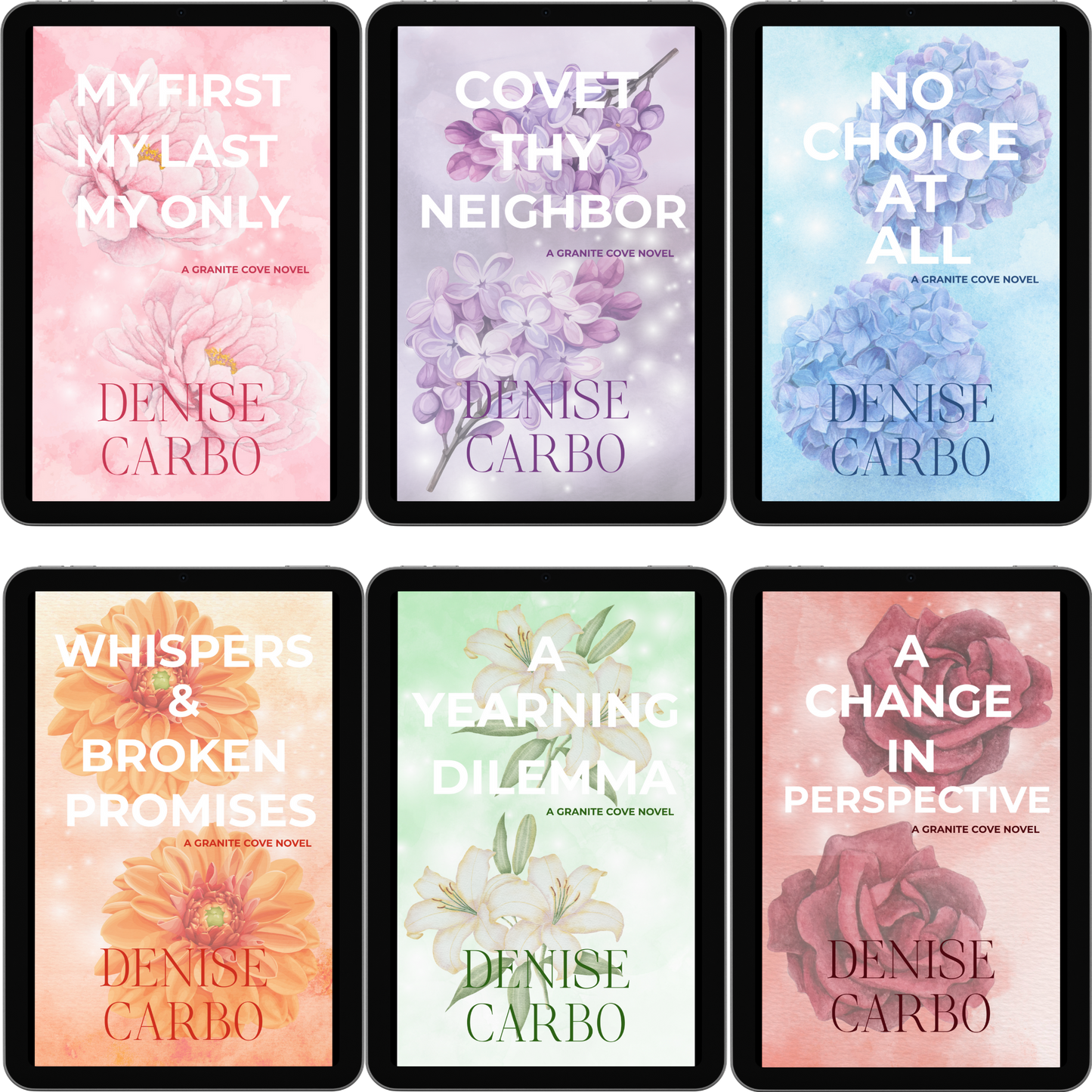 Set of book covers by Denise Carbo with floral designs and titles. small town romance