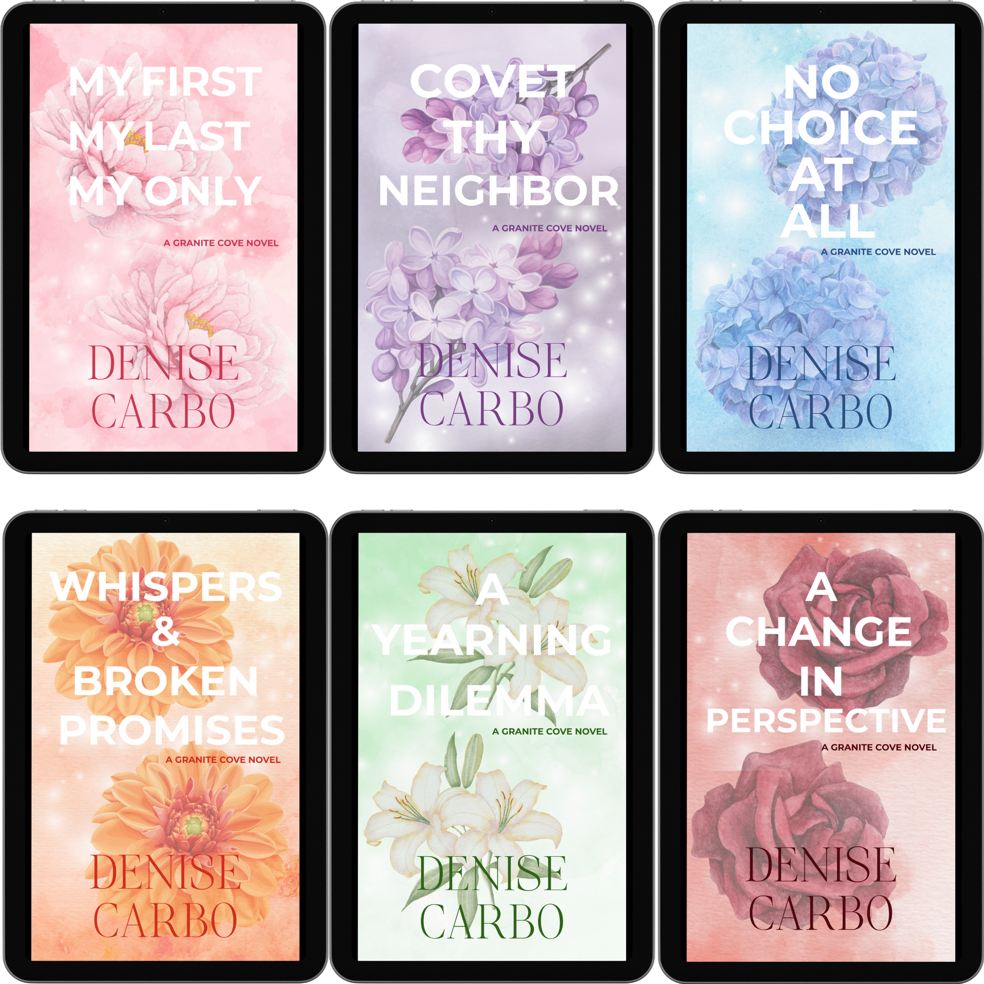 Set of book covers by Denise Carbo with floral designs and titles. small town romance