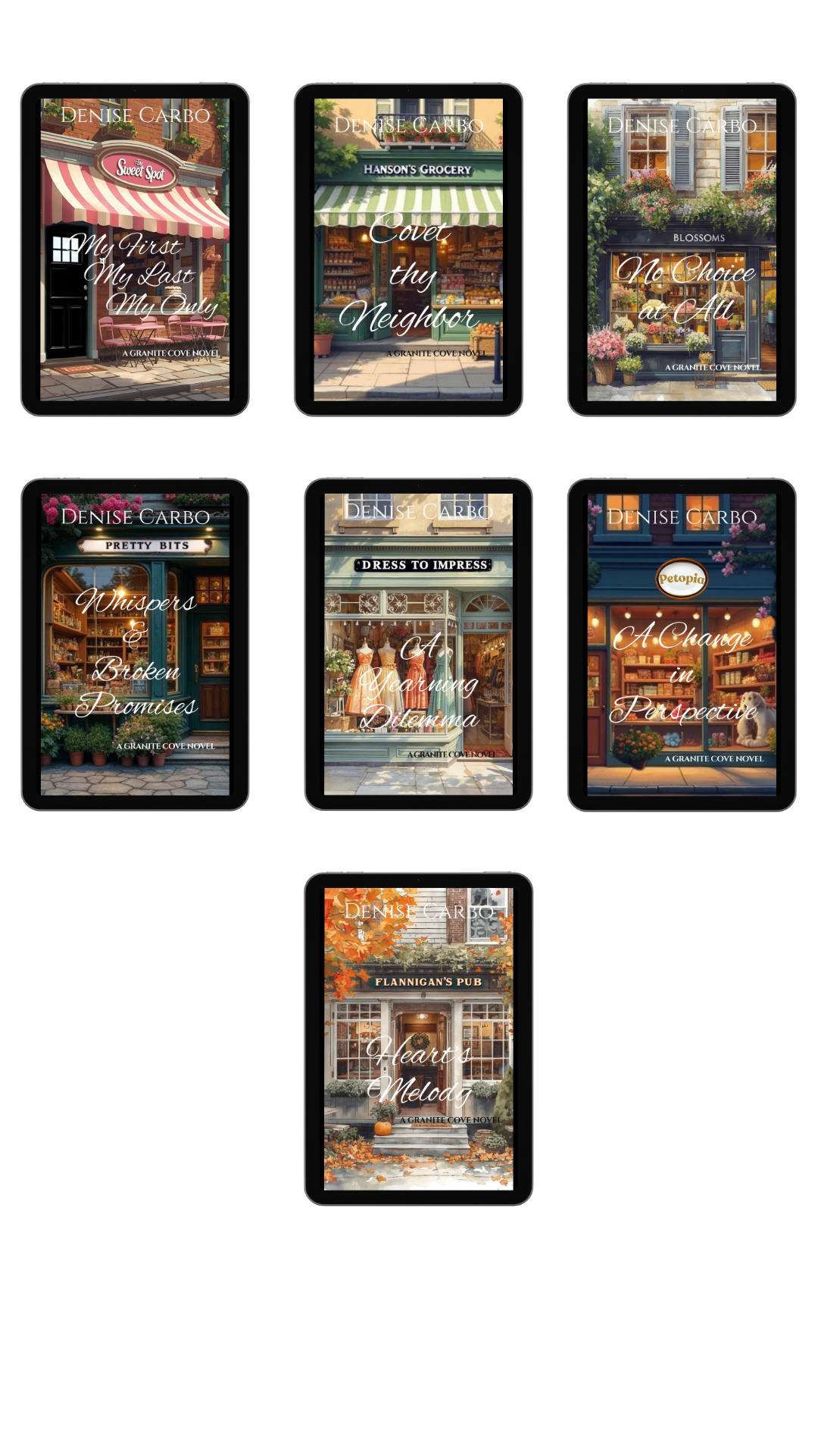 A set of digital e-reader or tablet screens displaying a collection of cozy, vintage-inspired romance novels with warm-toned storefront illustrations and romantic titles.