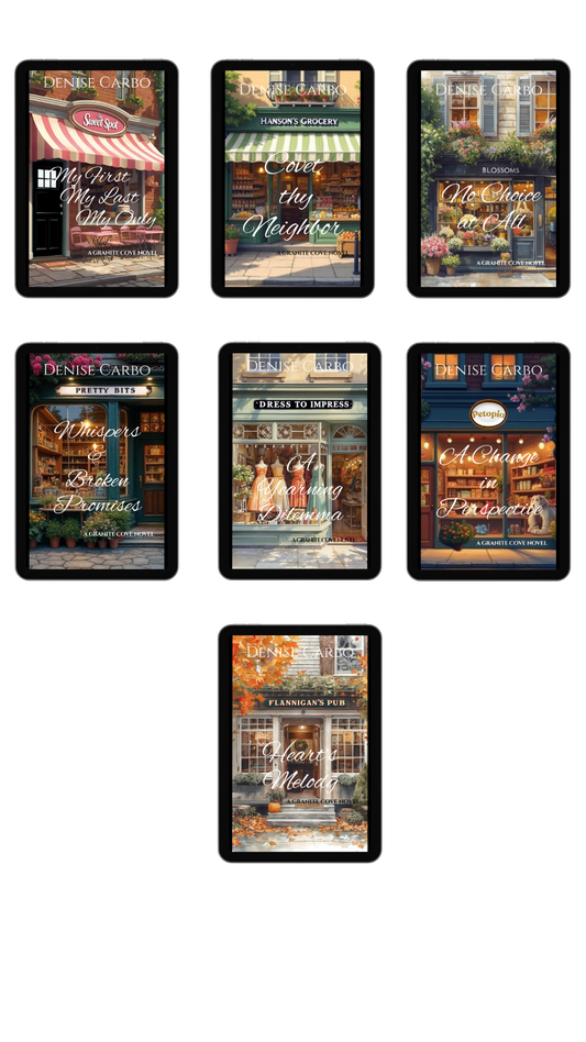 A set of digital e-reader or tablet screens displaying a collection of cozy, vintage-inspired romance novels with warm-toned storefront illustrations and romantic titles.