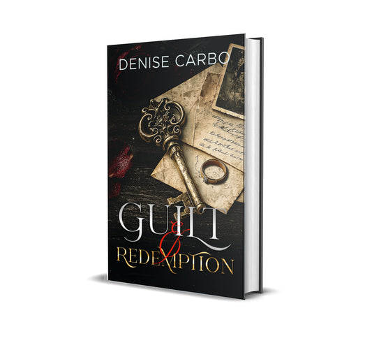 A 3D mockup of a book titled 'Guilt & Redemption' by Denise Carbo, featuring a dark cover with an antique key, old letter, and ring on a white background.