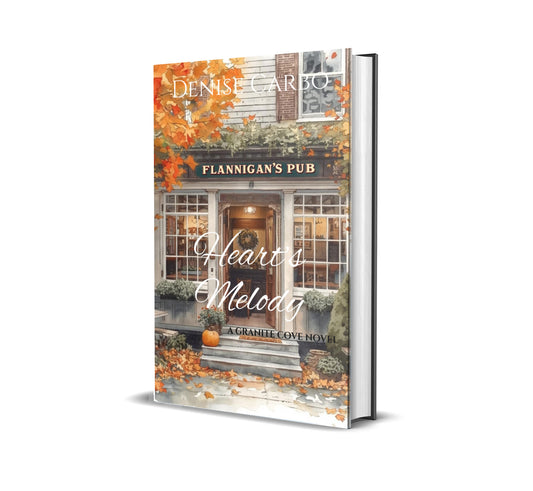 Book cover of 'Heart's Melody' by Denise Carbo with a depiction of a pub entrance.