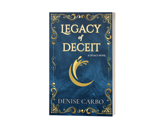 Book cover of 'Legacy of Deceit' by Denise Carbo with decorative elements on a blue background