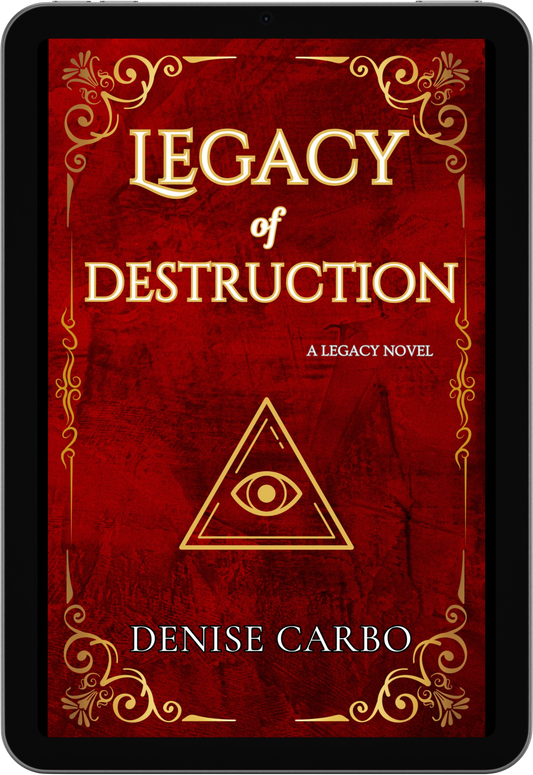Book cover of 'Legacy of Destruction' by Denise Carbo on a red background with gold accents.