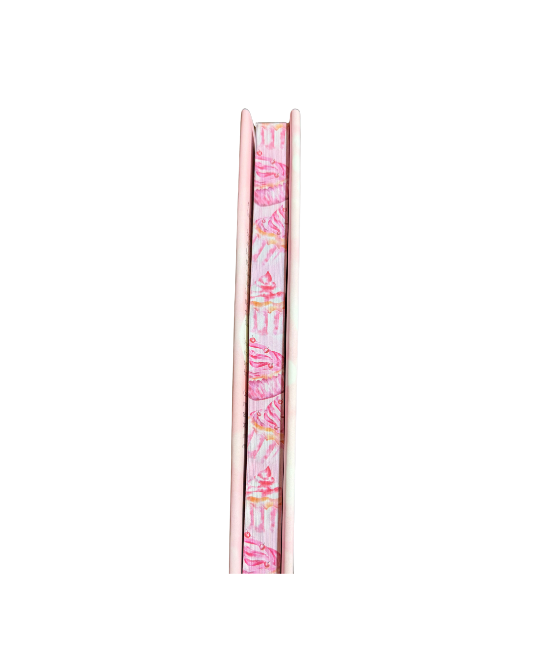 A single long, narrow pink cupcakes with a repeating pattern of pink and yellow illustrated motifs, shown upright against a plain white background.