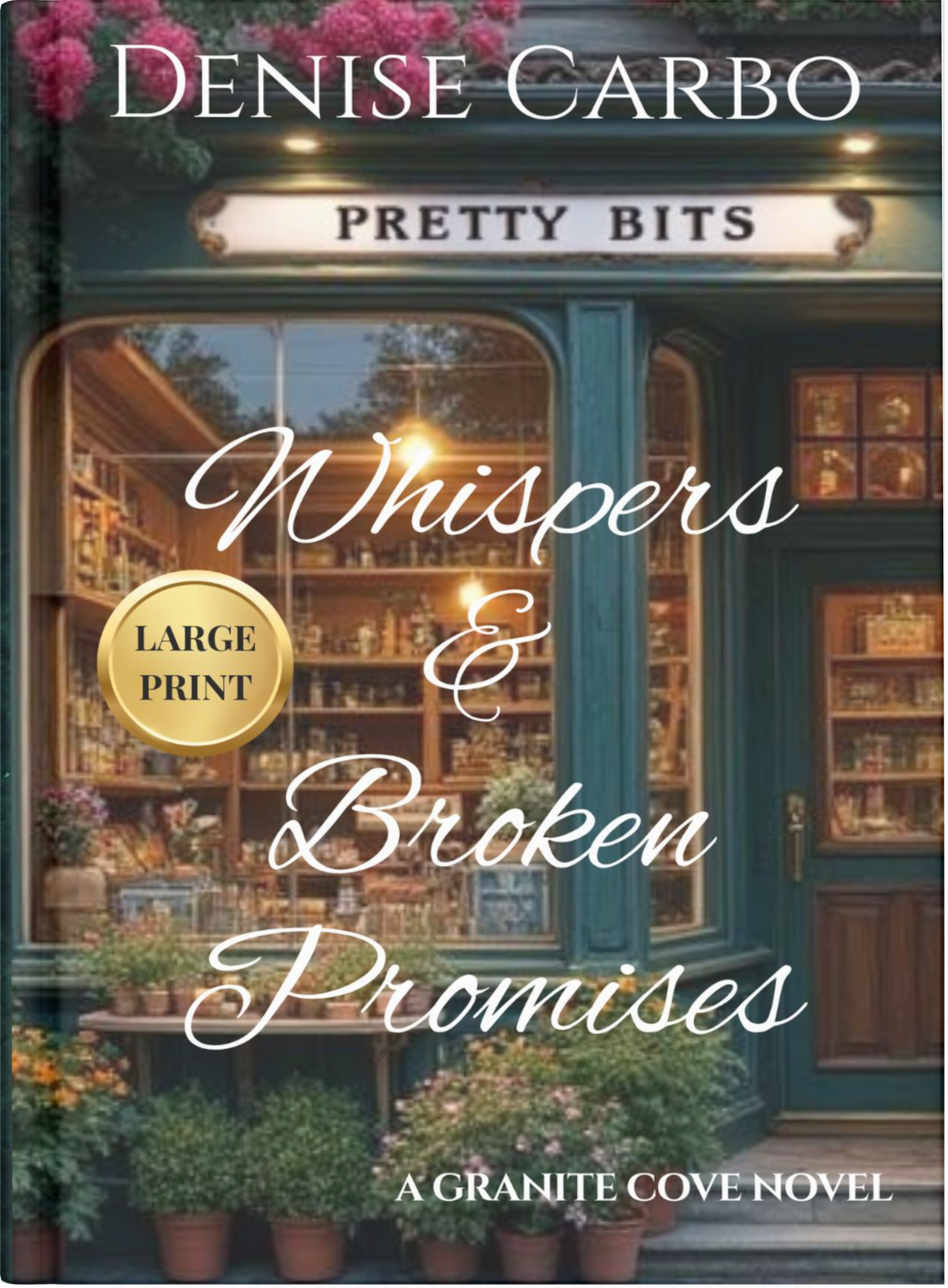 Large print book cover of 'Whispers & Broken Promises' by Denise Carbo with a store front background.